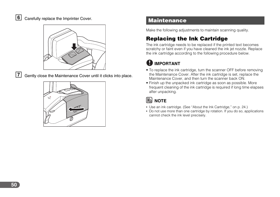 Maintenance, Replacing the ink cartridge | Canon CR-50 User Manual | Page 50 / 58