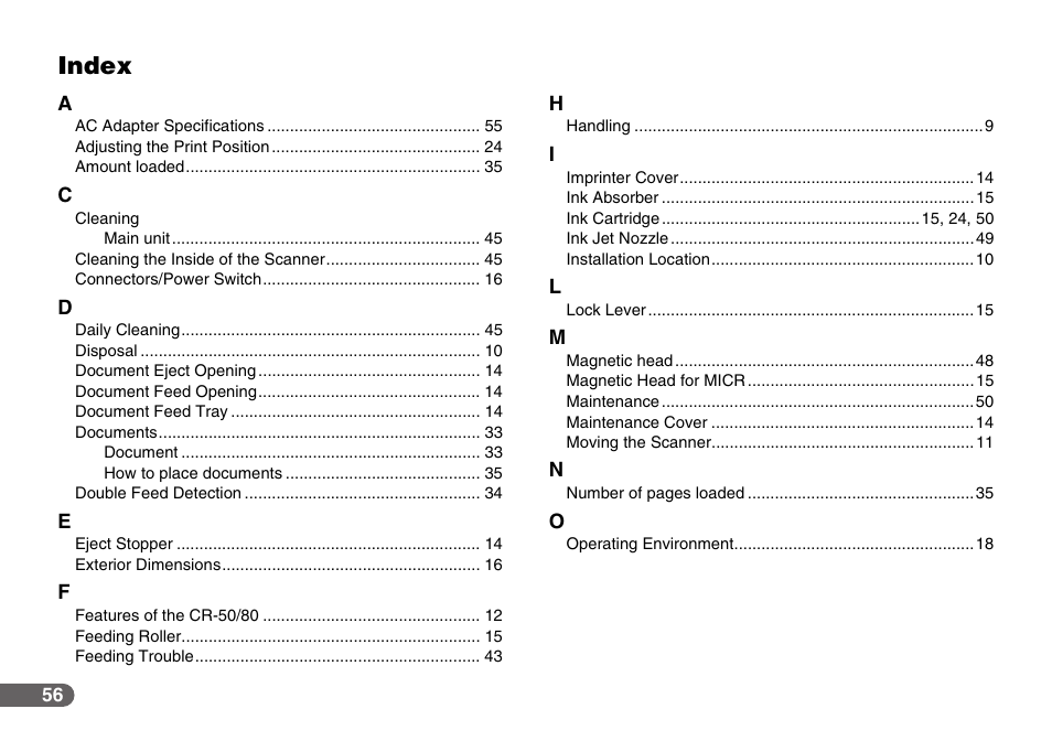 Index | Canon CR-50 User Manual | Page 56 / 58