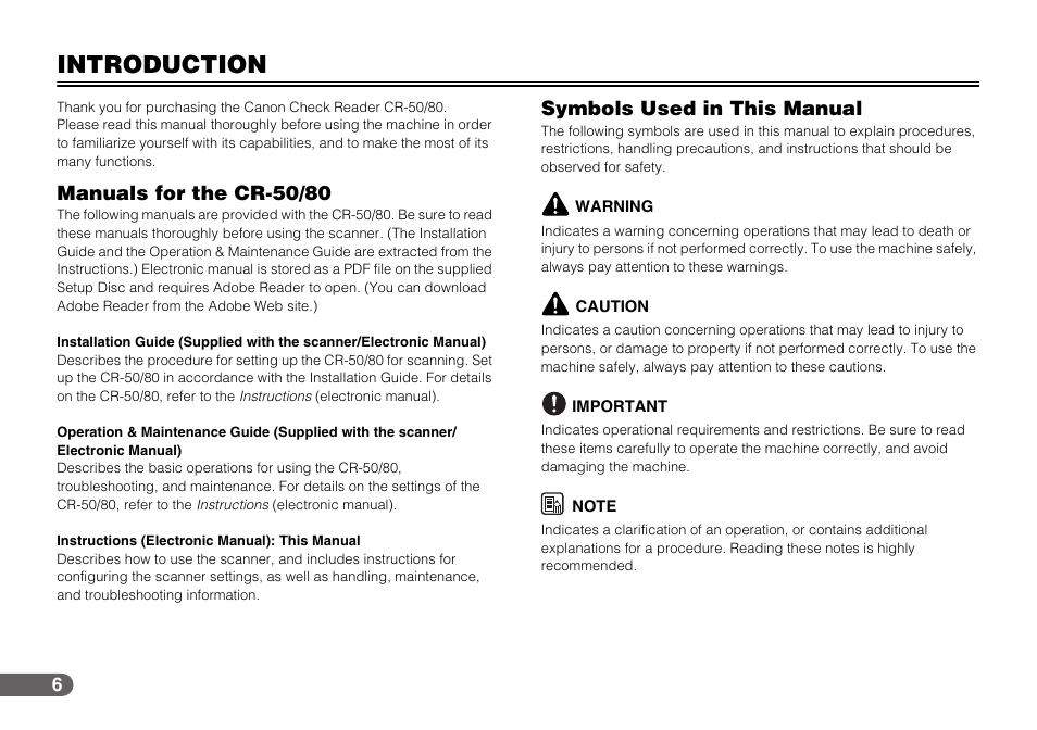 Introduction, Manuals for the cr-50/80, Symbols used in this manual | Canon CR-50 User Manual | Page 6 / 58