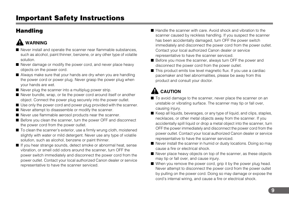 Important safety instructions, Handling | Canon CR-50 User Manual | Page 9 / 58