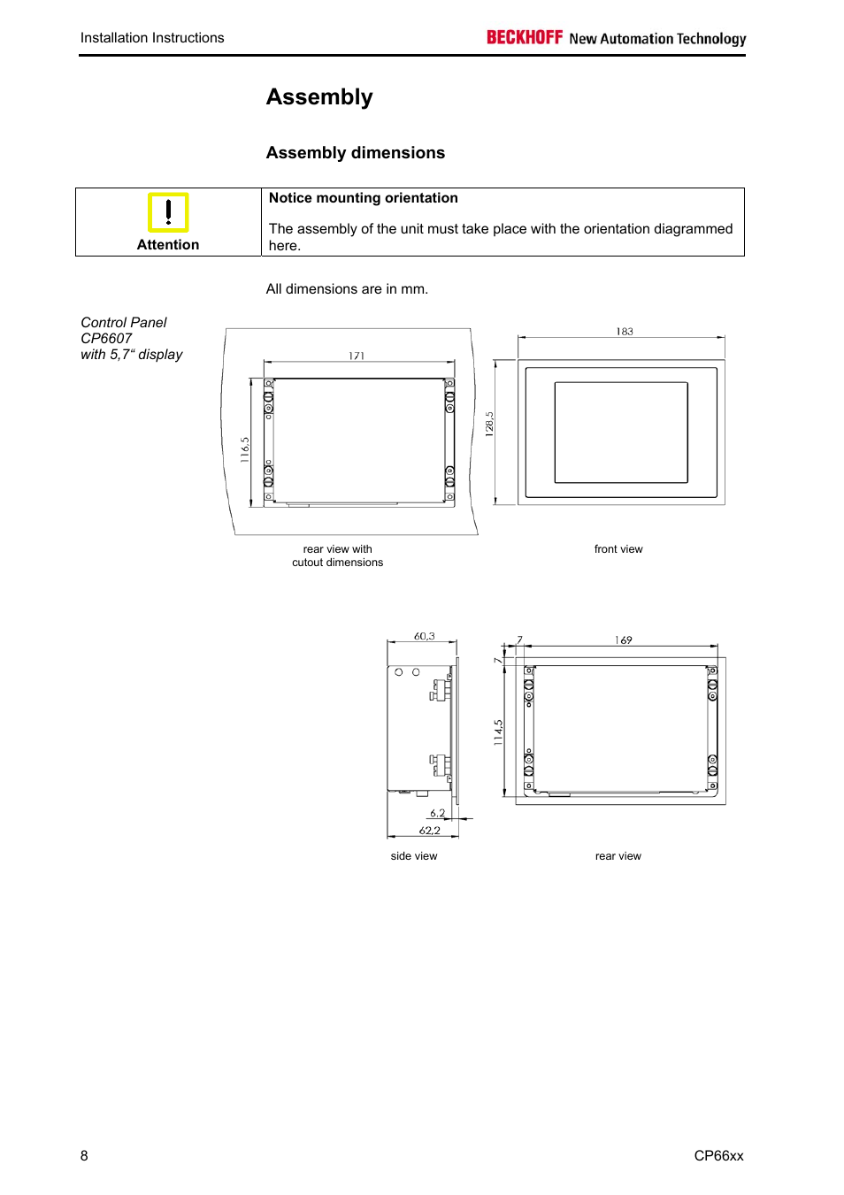 Assembly, Assembly dimensions, Assembly 8 | BECKHOFF CP66xx User Manual | Page 10 / 21