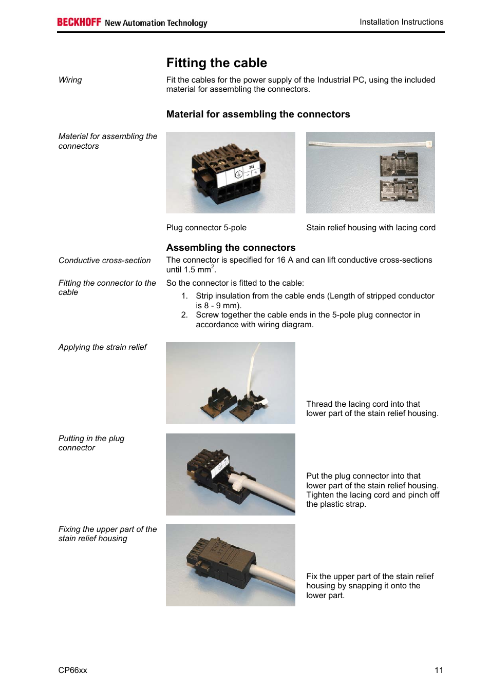 Fitting the cable, Material for assembling the connectors, Assembling the connectors | BECKHOFF CP66xx User Manual | Page 13 / 21