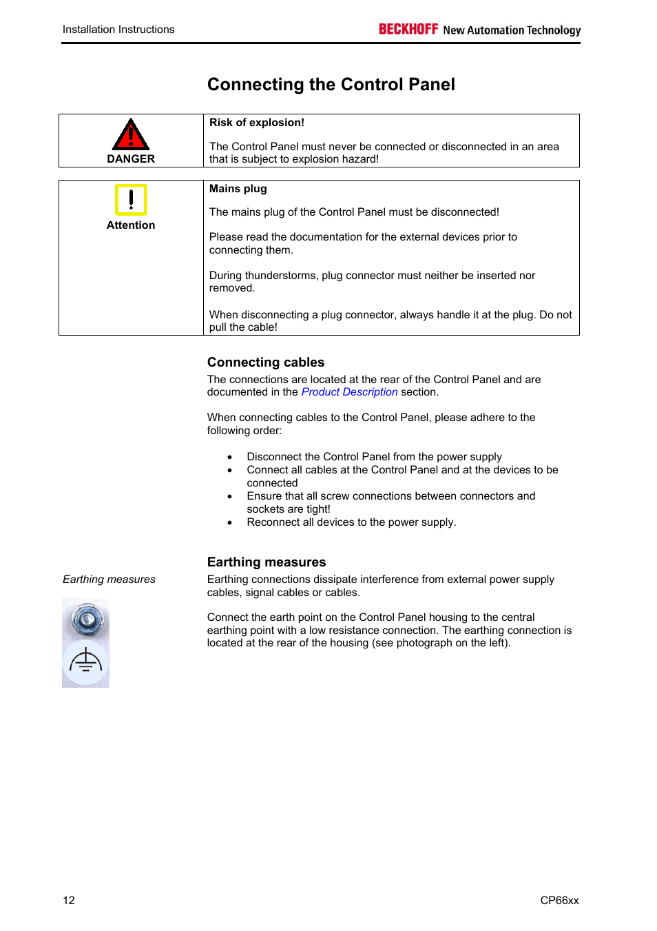 Connecting the control panel, Connecting cables, Earthing measures | BECKHOFF CP66xx User Manual | Page 14 / 21