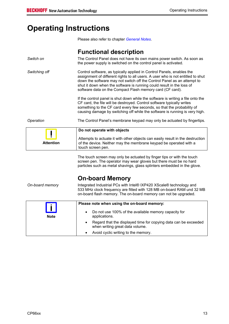 Operating instructions, Functional description, On-board memory | BECKHOFF CP66xx User Manual | Page 15 / 21