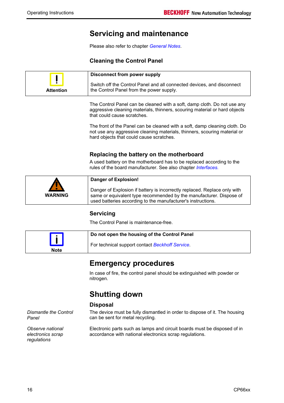 Servicing and maintenance, Cleaning the control panel, Replacing the battery on the motherboard | Servicing, Emergency procedures, Shutting down, Disposal | BECKHOFF CP66xx User Manual | Page 18 / 21