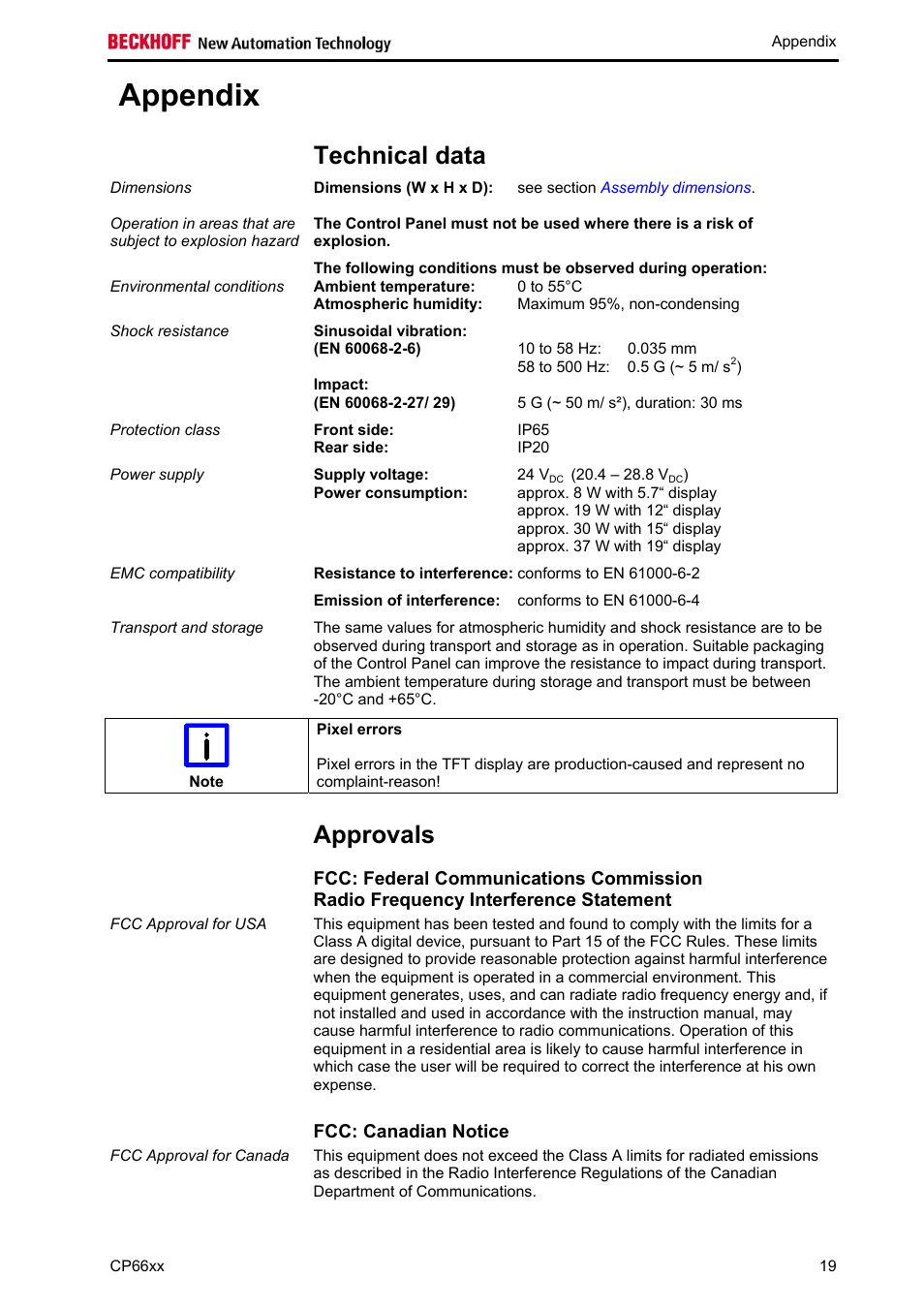 Appendix, Technical data, Approvals | Fcc: canadian notice, Appendix 19, Approvals 19, Must be observed (see chapter, Technical, Data | BECKHOFF CP66xx User Manual | Page 21 / 21
