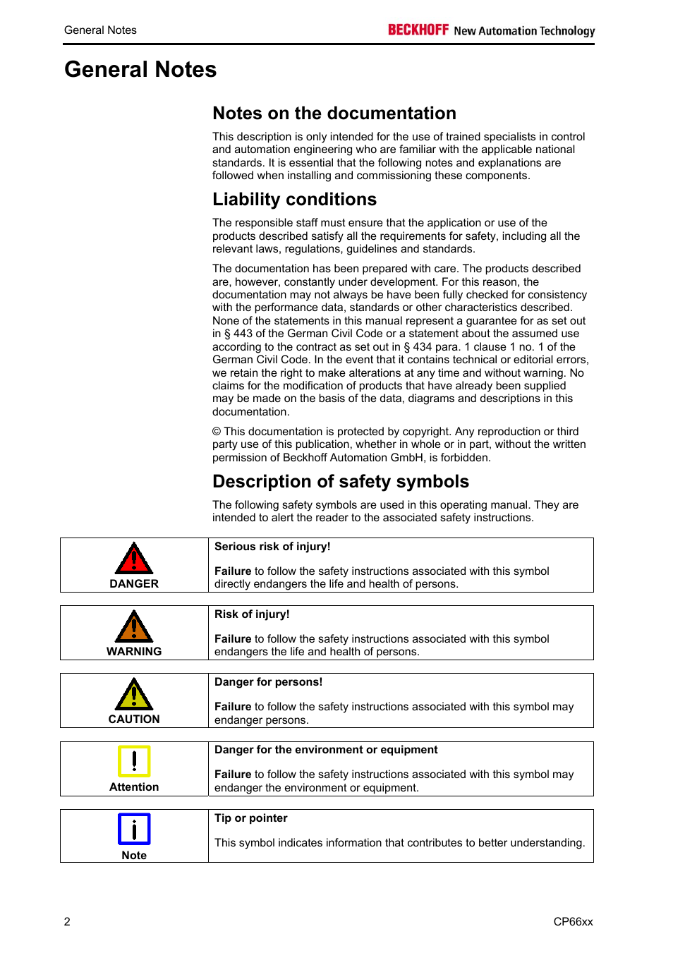 General notes, Notes on the documentation, Liability conditions | Description of safety symbols | BECKHOFF CP66xx User Manual | Page 4 / 21