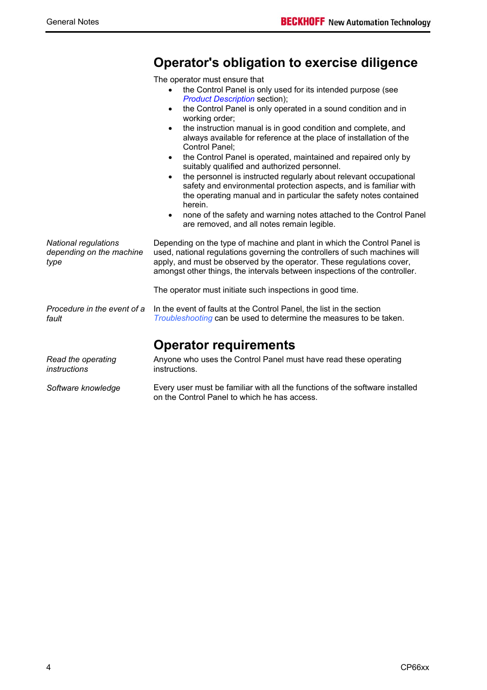 Operator's obligation to exercise diligence, Operator requirements | BECKHOFF CP66xx User Manual | Page 6 / 21