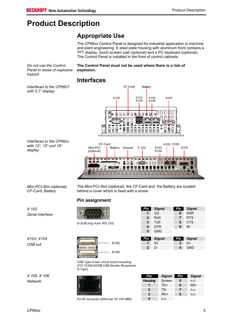 Product description, Appropriate use, Interfaces | Pin assignment, Signal, Interfaces 5, Sect | BECKHOFF CP66xx User Manual | Page 7 / 21