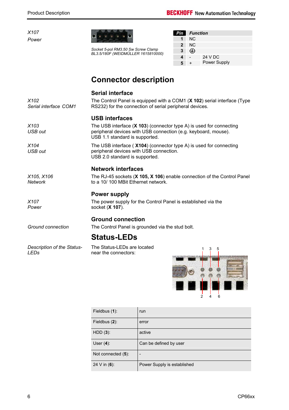 Connector description, Serial interface, Usb interfaces | Network interfaces, Power supply, Ground connection, Status-leds, Status-leds 6 | BECKHOFF CP66xx User Manual | Page 8 / 21