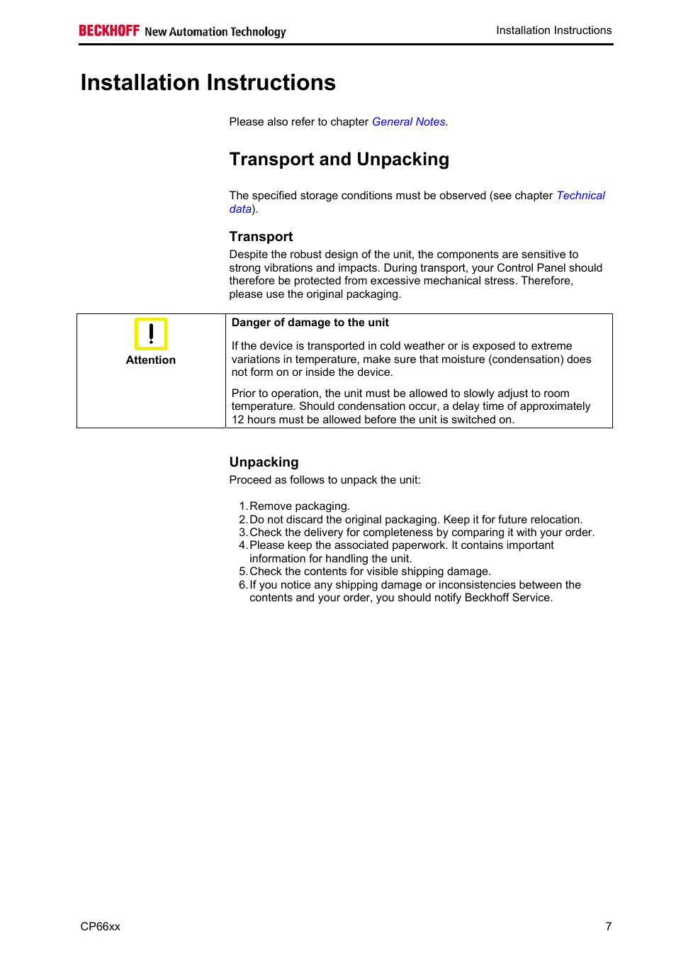 Installation instructions, Transport and unpacking, Transport | Unpacking | BECKHOFF CP66xx User Manual | Page 9 / 21