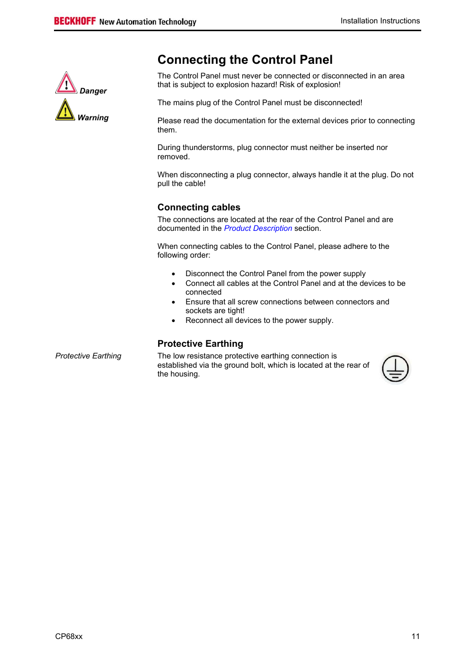 Connecting the control panel, Connecting cables, Protective earthing | BECKHOFF CP68xx User Manual | Page 13 / 20
