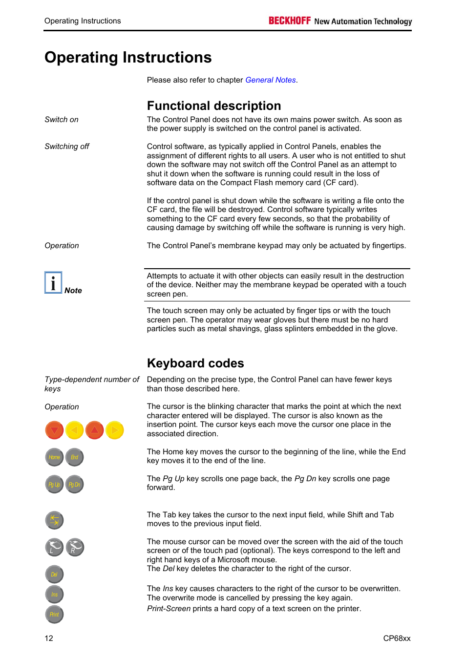 Operating instructions, Functional description, Keyboard codes | BECKHOFF CP68xx User Manual | Page 14 / 20