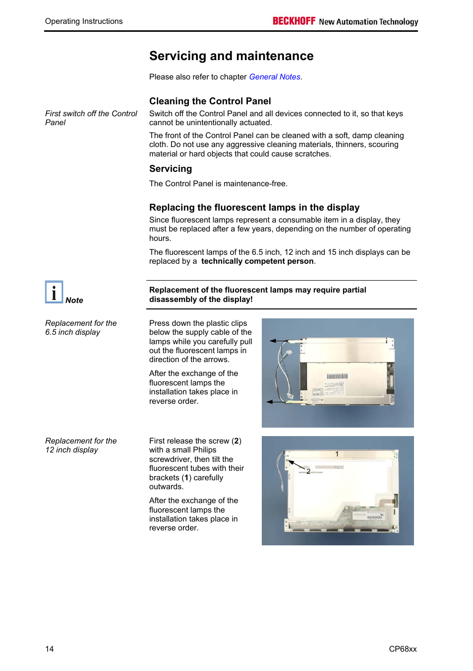 Servicing and maintenance, Cleaning the control panel, Servicing | Replacing the fluorescent lamps in the display | BECKHOFF CP68xx User Manual | Page 16 / 20