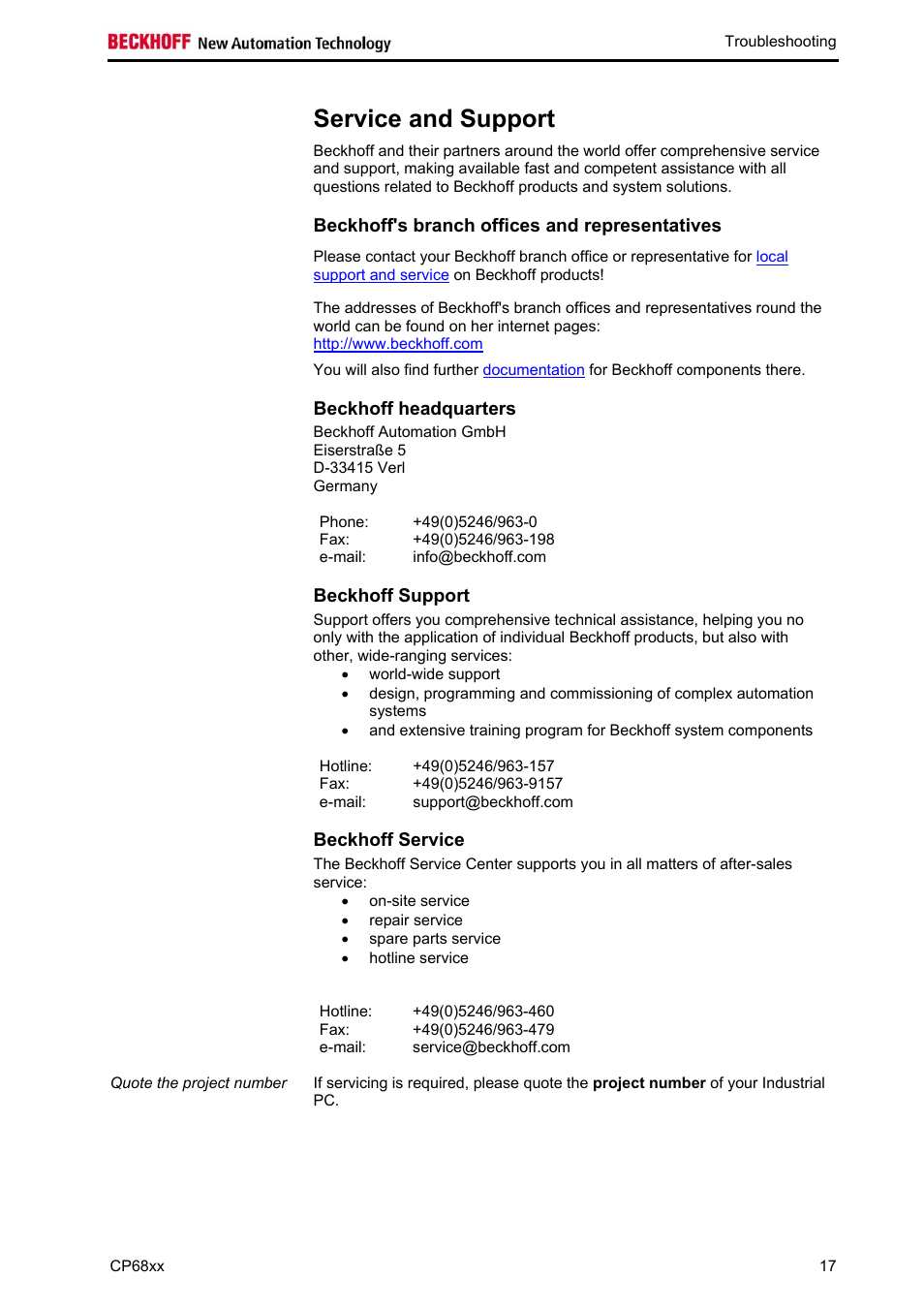Service and support, Beckhoff's branch offices and representatives, Beckhoff headquarters | Beckhoff support, Beckhoff service | BECKHOFF CP68xx User Manual | Page 19 / 20