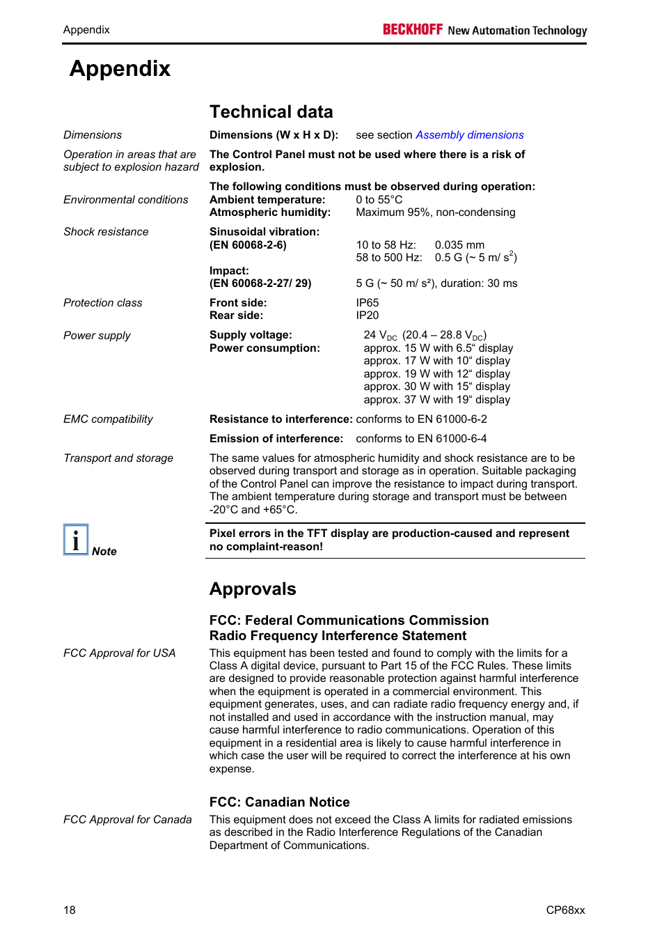 Appendix, Technical data, Approvals | Fcc: canadian notice, Appendix 18, Approvals 18, Must be observed (see chapter, Technical, Data | BECKHOFF CP68xx User Manual | Page 20 / 20