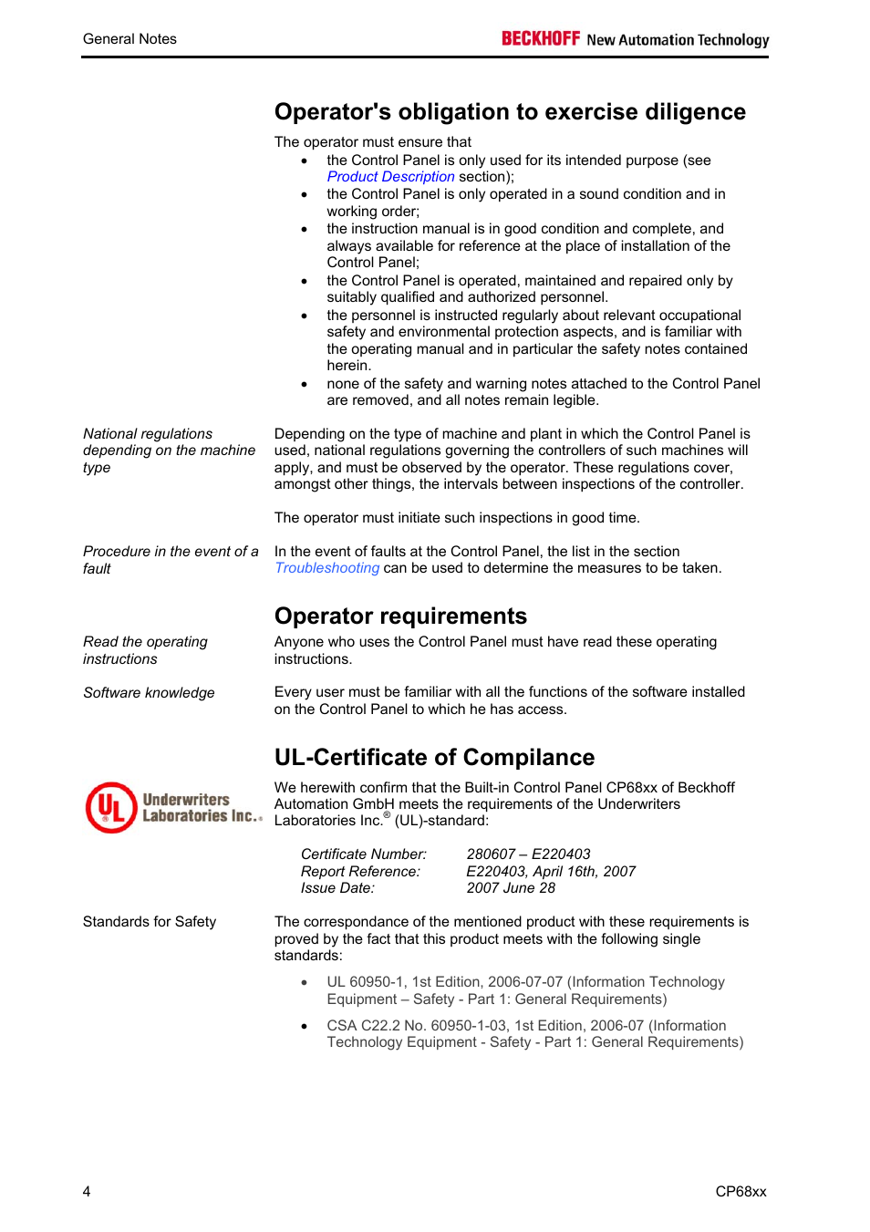 Operator's obligation to exercise diligence, Operator requirements, Ul-certificate of compilance | BECKHOFF CP68xx User Manual | Page 6 / 20