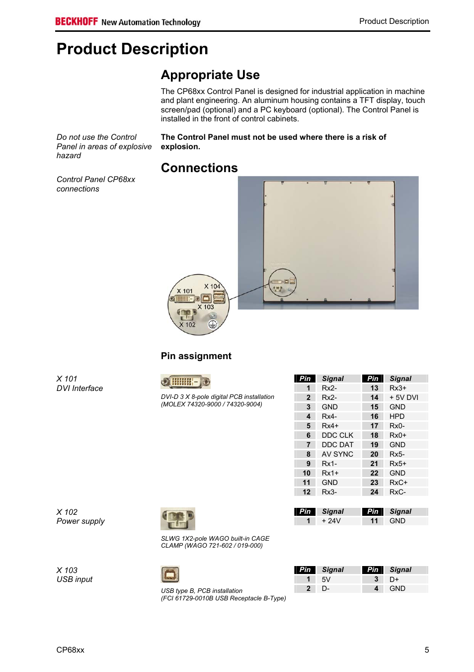 Product description, Appropriate use, Connections | Pin assignment, Signal, Connections 5, Sect | BECKHOFF CP68xx User Manual | Page 7 / 20