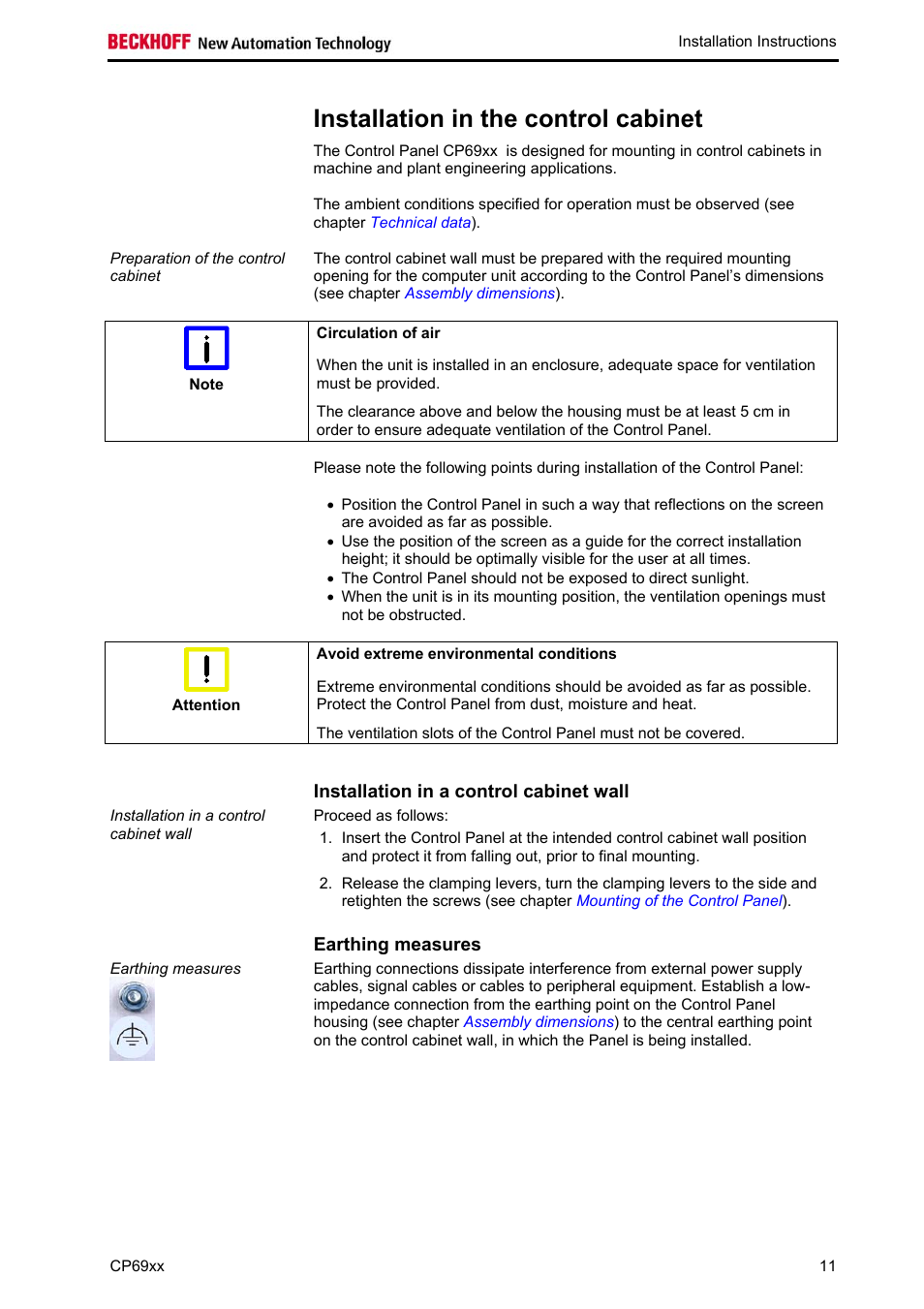Installation in the control cabinet, Installation in a control cabinet wall, Earthing measures | BECKHOFF CP69xx User Manual | Page 12 / 24