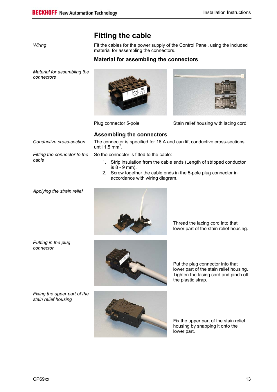 Fitting the cable, Material for assembling the connectors, Assembling the connectors | BECKHOFF CP69xx User Manual | Page 14 / 24