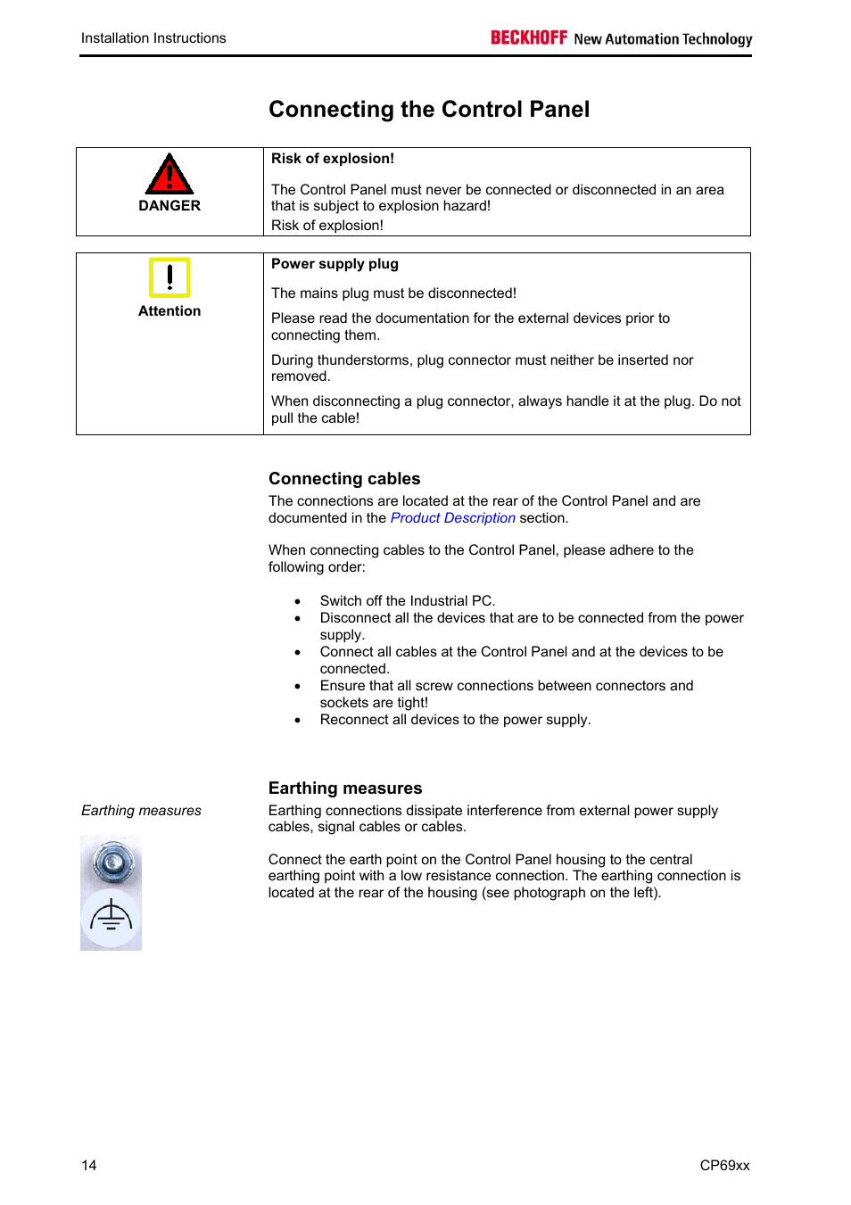 Connecting the control panel, Connecting cables, Earthing measures | BECKHOFF CP69xx User Manual | Page 15 / 24