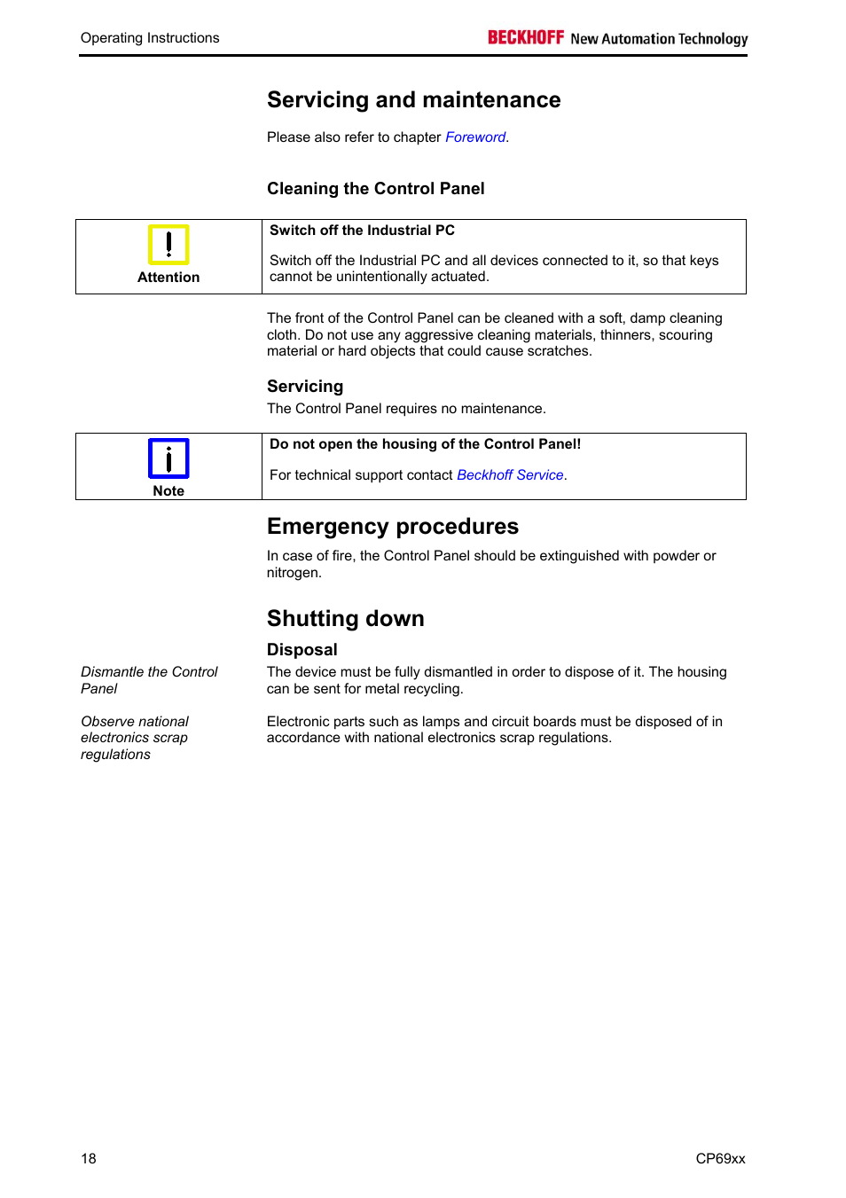 Servicing and maintenance, Cleaning the control panel, Servicing | Emergency procedures, Shutting down, Disposal | BECKHOFF CP69xx User Manual | Page 19 / 24