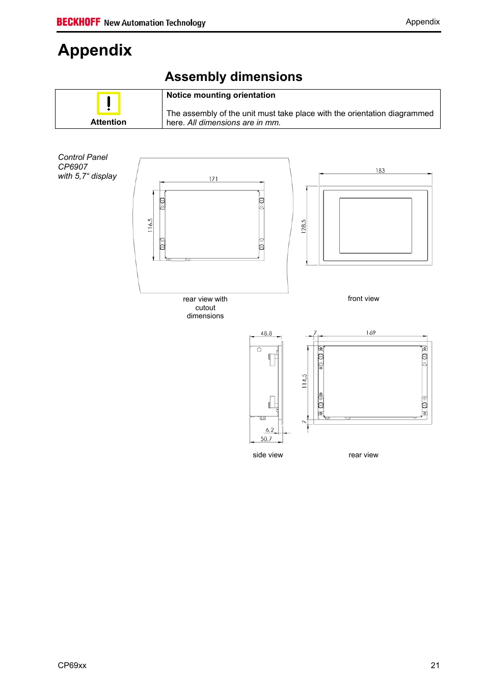 Appendix, Assembly dimensions, Appendix 21 | To the central earthing point | BECKHOFF CP69xx User Manual | Page 22 / 24