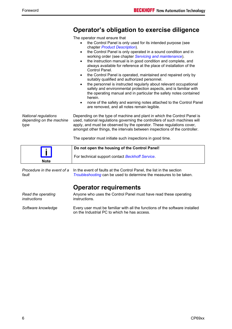 Operator’s obligation to exercise diligence, Operator requirements | BECKHOFF CP69xx User Manual | Page 7 / 24