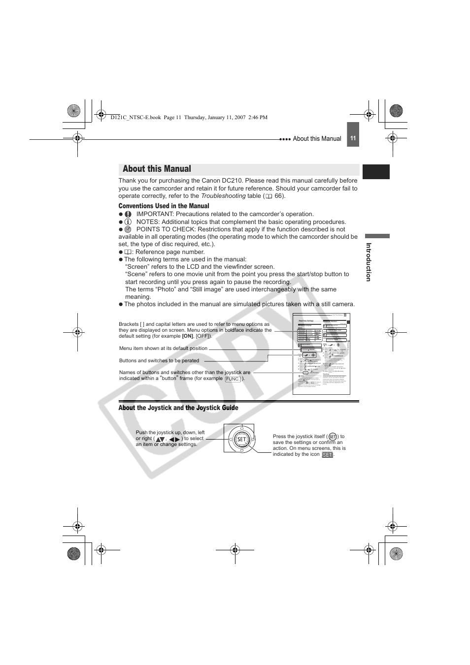 Conventions used in the manual, About the joystick and the joystick guide, First time settings | About this manual, Button, Frame (for example ), Func | Canon DC210 User Manual | Page 11 / 85