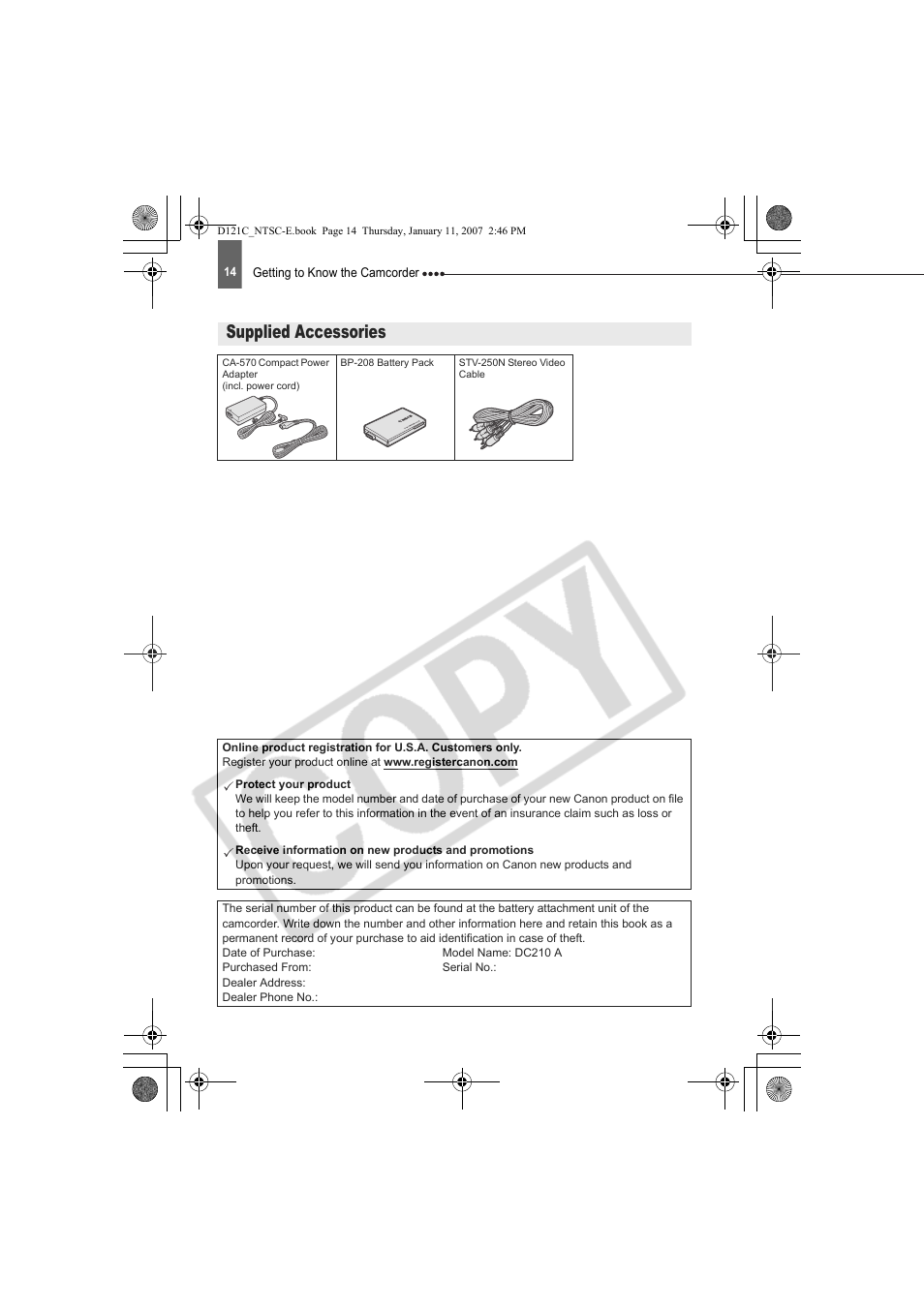 Supplied accessories | Canon DC210 User Manual | Page 14 / 85