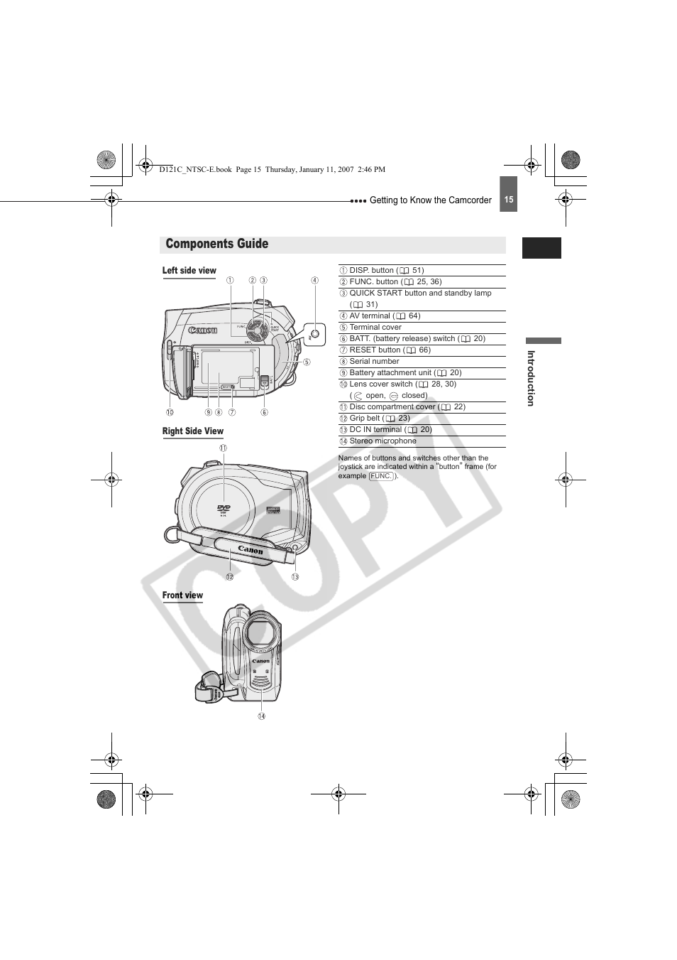 Components guide | Canon DC210 User Manual | Page 15 / 85