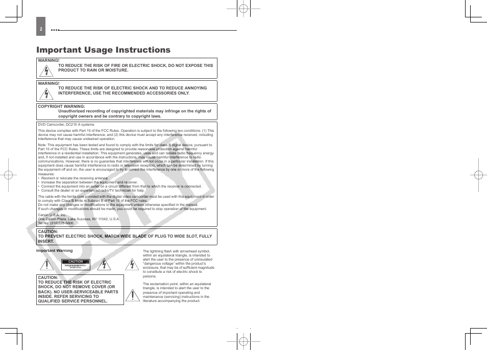 Important usage instructions | Canon DC210 User Manual | Page 2 / 85