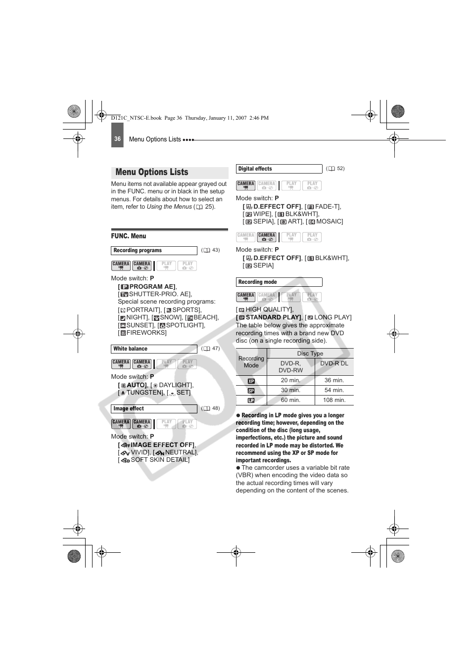 Menu options lists | Canon DC210 User Manual | Page 36 / 85