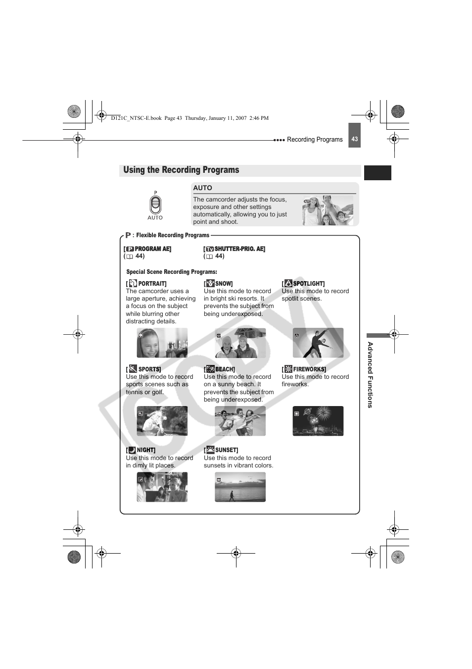 Using the recording programs | Canon DC210 User Manual | Page 43 / 85