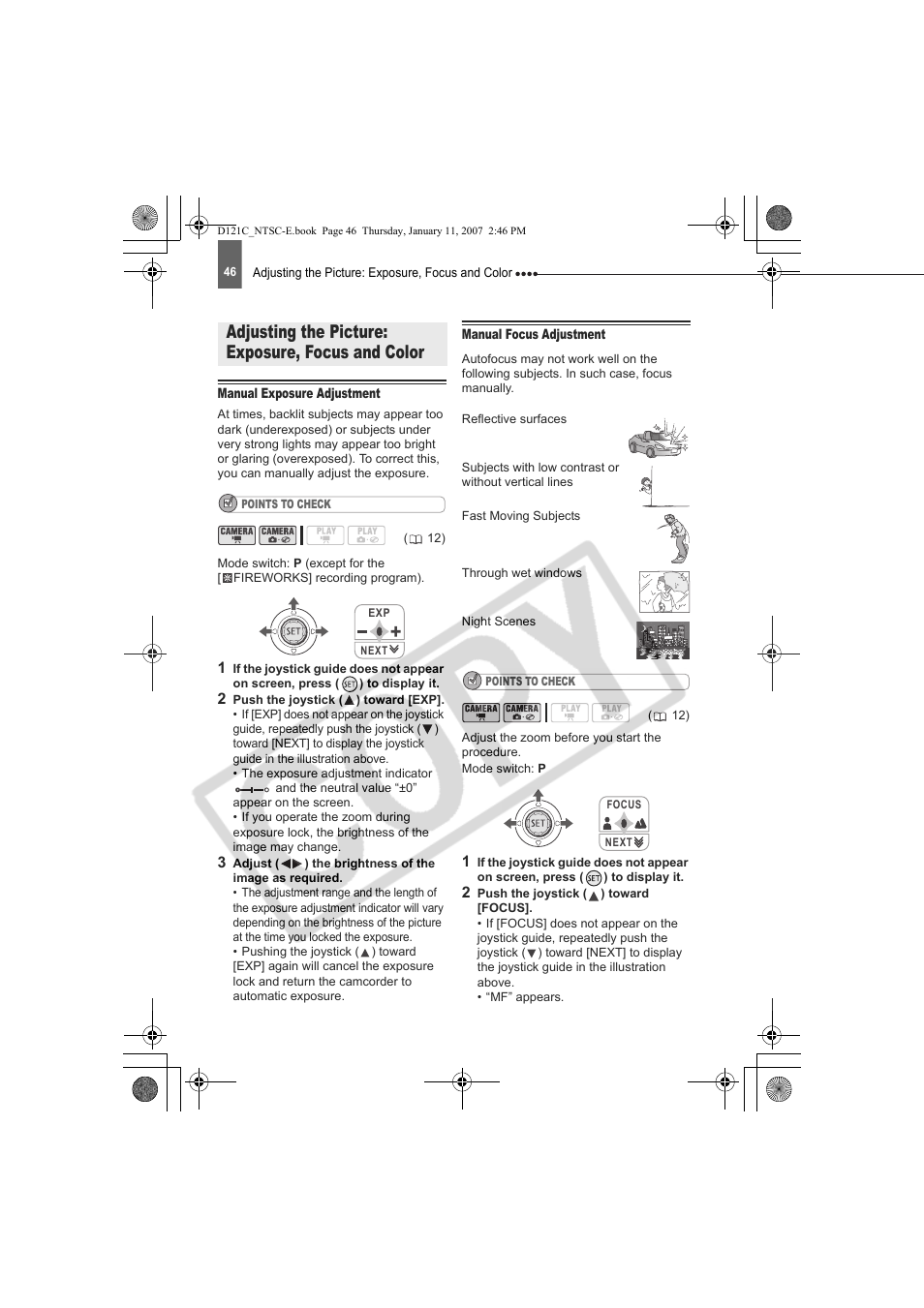 Adjusting the picture: exposure, focus and color | Canon DC210 User Manual | Page 46 / 85