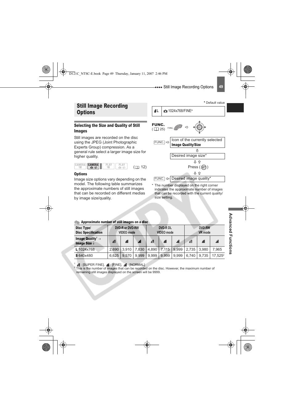 Still image recording options | Canon DC210 User Manual | Page 49 / 85