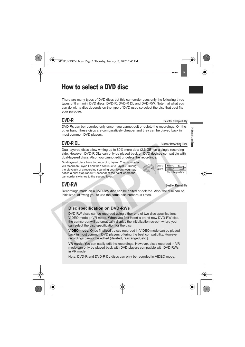 How to select a dvd disc, Dvd-r, Dvd-r dl | Dvd-rw | Canon DC210 User Manual | Page 5 / 85