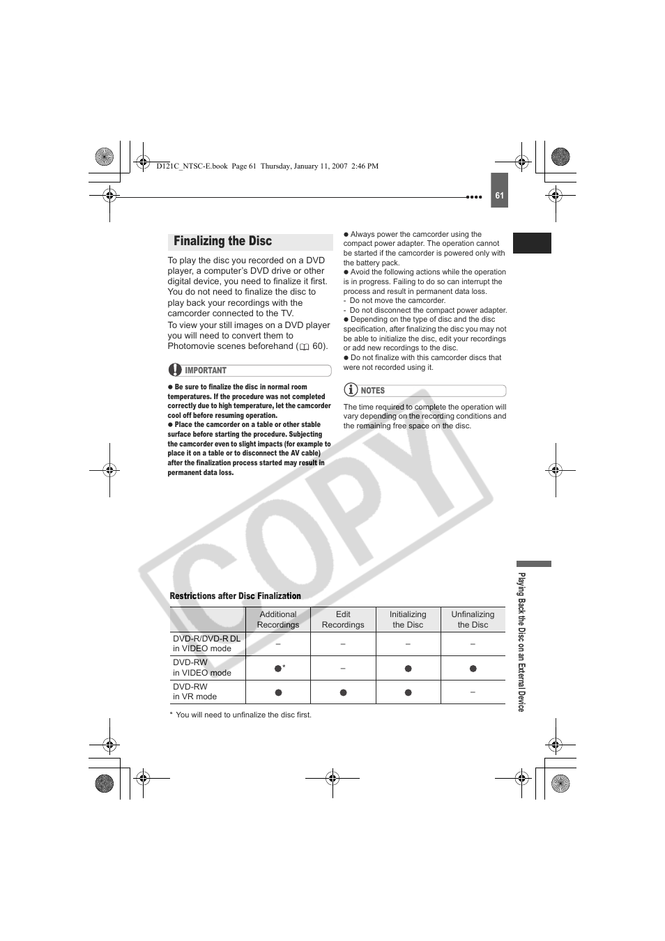 Finalizing the disc | Canon DC210 User Manual | Page 61 / 85