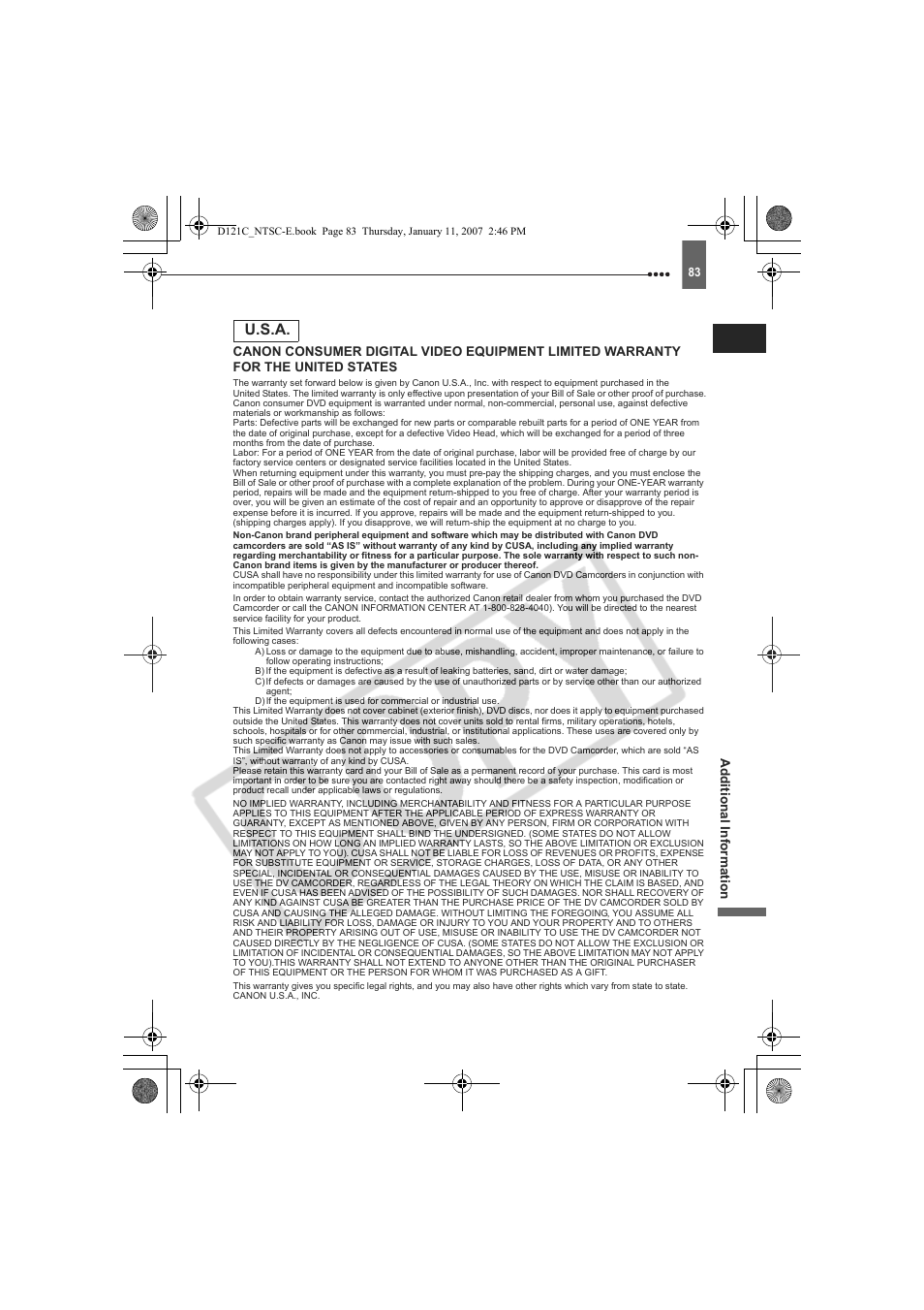 U.s.a | Canon DC210 User Manual | Page 83 / 85