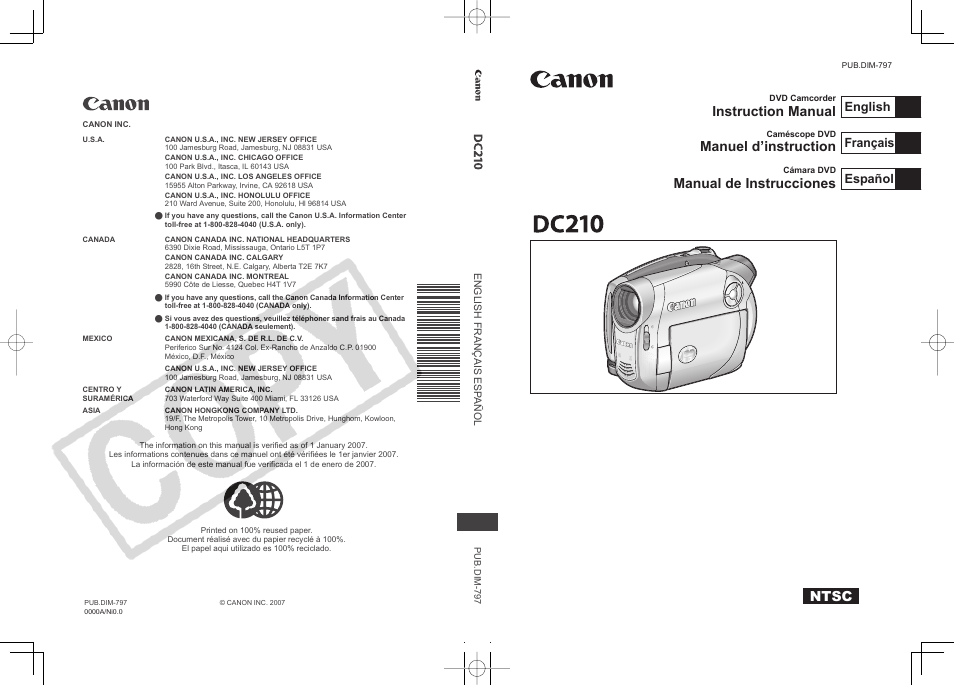 Instruction manual, Manuel d’instruction, Manual de instrucciones | Ntsc, English français español | Canon DC210 User Manual | Page 85 / 85