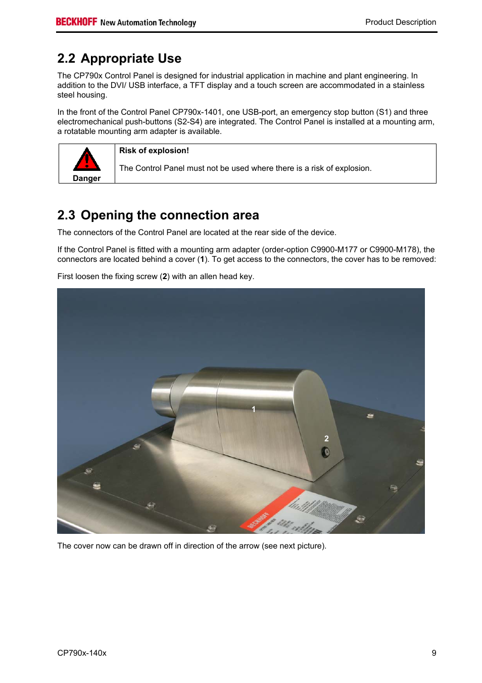 Appropriate use, Opening the connection area, 2 appropriate use | 3 opening the connection area | BECKHOFF CP790x-140x User Manual | Page 11 / 38