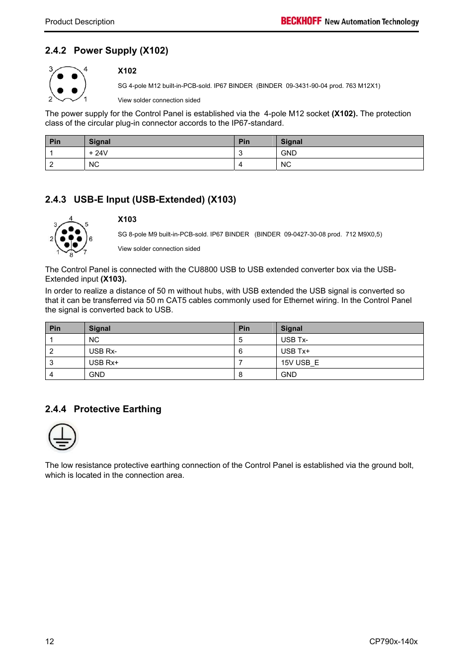 Power supply (x102), X102, Usb-e input (usb-extended) (x103) | X103, Protective earthing, 2 power supply (x102), 3 usb-e input (usb-extended) (x103), 4 protective earthing | BECKHOFF CP790x-140x User Manual | Page 14 / 38