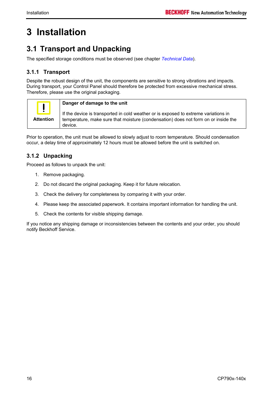 Installation, Transport and unpacking, Transport | Unpacking, Installation 16, Unpacking 16, 3 installation, 1 transport and unpacking | BECKHOFF CP790x-140x User Manual | Page 18 / 38