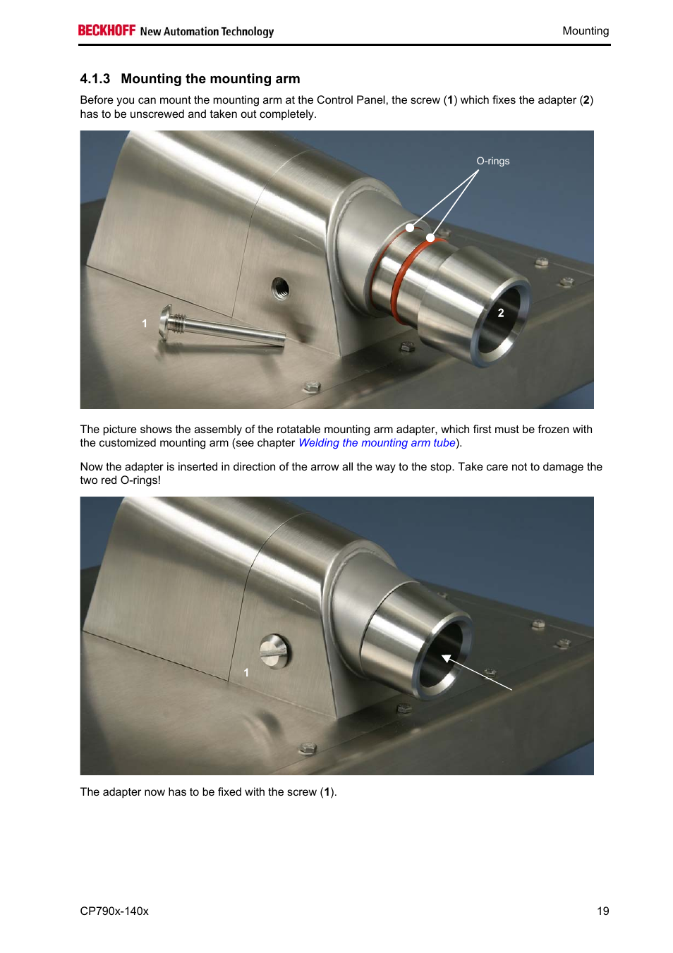 Mounting the mounting arm, 3 mounting the mounting arm | BECKHOFF CP790x-140x User Manual | Page 21 / 38