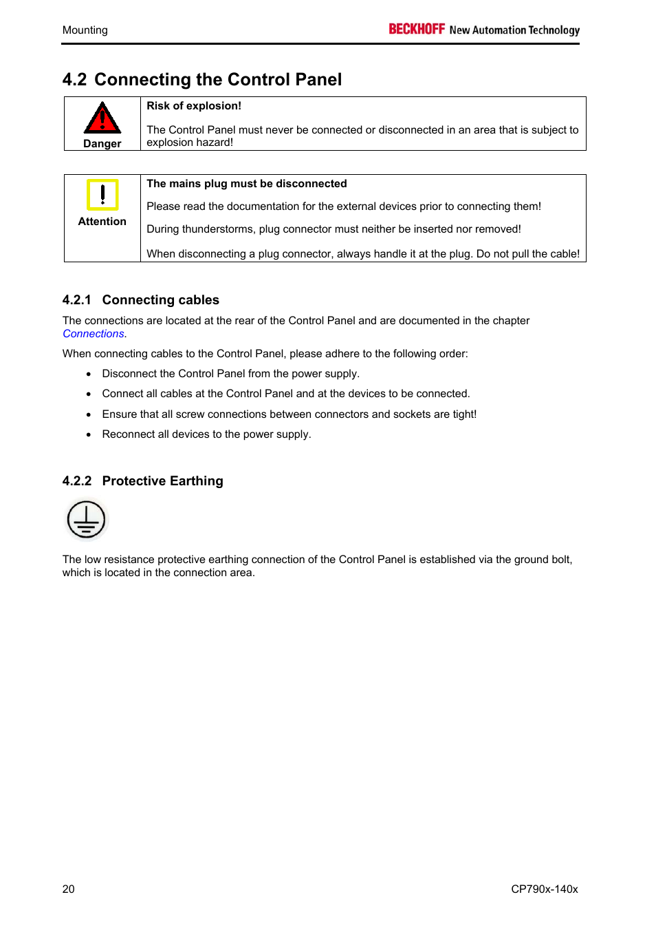 Connecting the control panel, Connecting cables, Protective earthing | 2 connecting the control panel | BECKHOFF CP790x-140x User Manual | Page 22 / 38