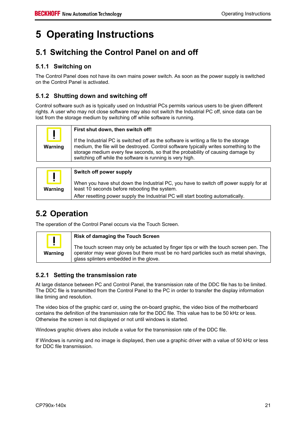 Operating instructions, Switching the control panel on and off, Switching on | Shutting down and switching off, Operation, Setting the transmission rate, Operation 21, 5 operating instructions, 1 switching the control panel on and off, 2 operation | BECKHOFF CP790x-140x User Manual | Page 23 / 38