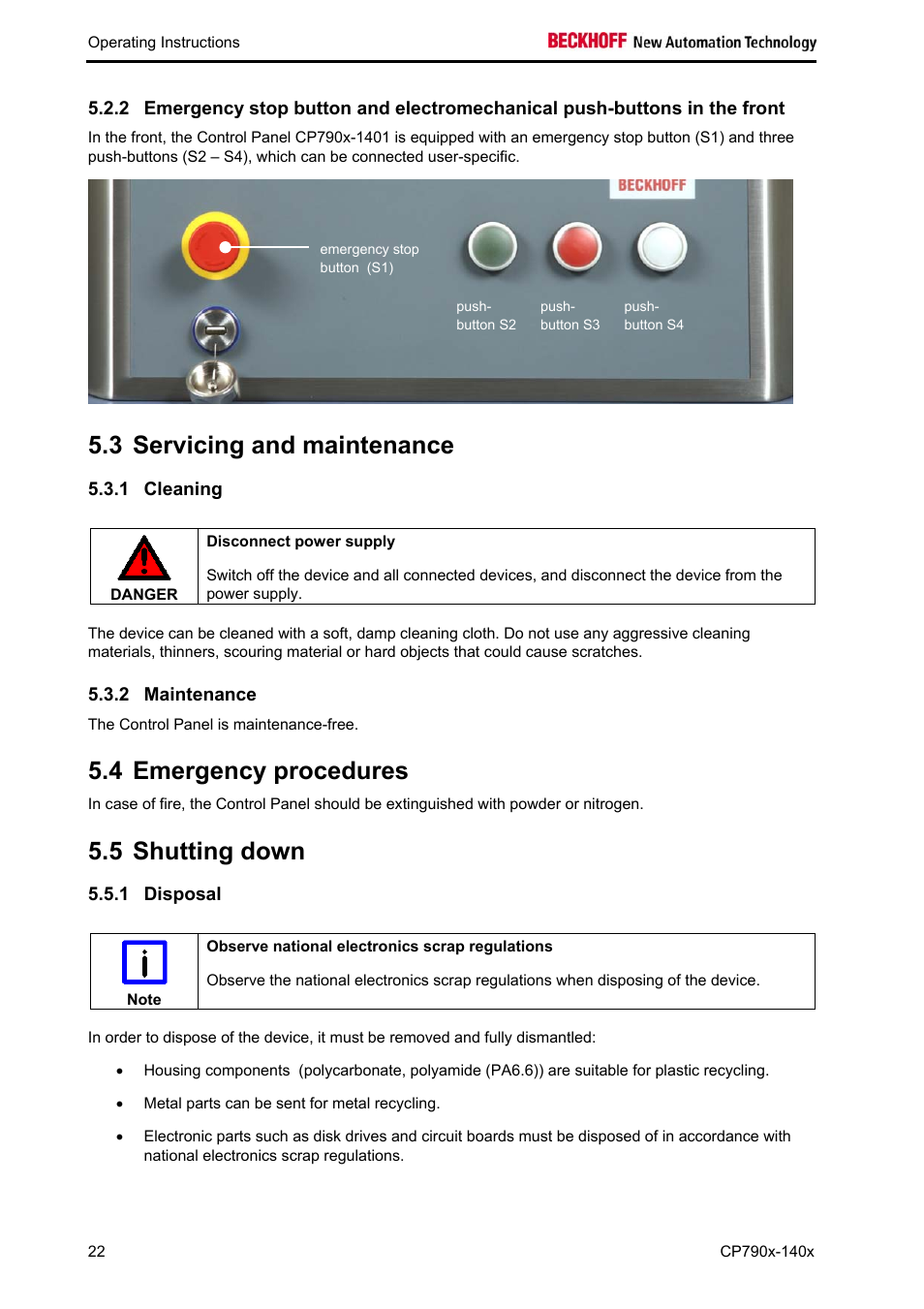 Servicing and maintenance, Cleaning, Maintenance | Emergency procedures, Shutting down, Disposal, Maintenance 22, 3 servicing and maintenance, 4 emergency procedures, 5 shutting down | BECKHOFF CP790x-140x User Manual | Page 24 / 38