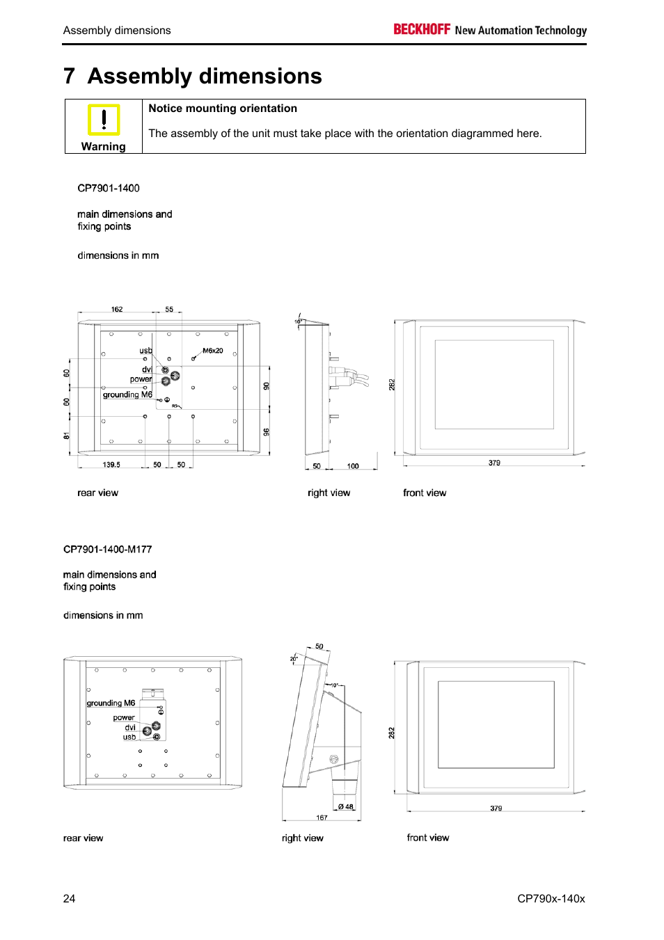Assembly dimensions, 7 assembly dimensions | BECKHOFF CP790x-140x User Manual | Page 26 / 38