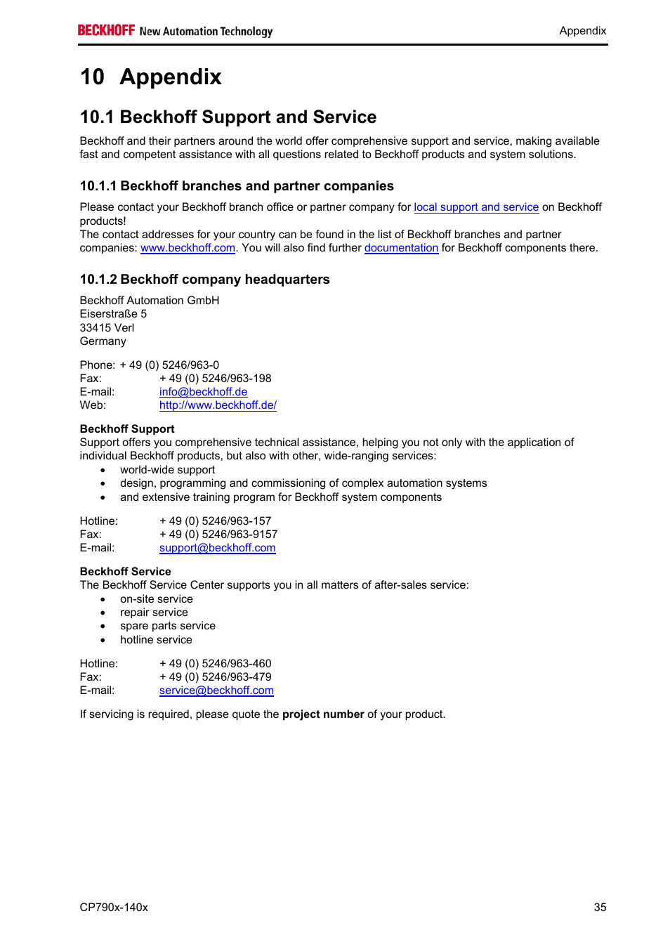 Appendix, Beckhoff support and service, Beckhoff branches and partner companies | Beckhoff company headquarters, Beckhoff support, Beckhoff service, Appendix 35, 10 appendix, 1 beckhoff support and service | BECKHOFF CP790x-140x User Manual | Page 37 / 38