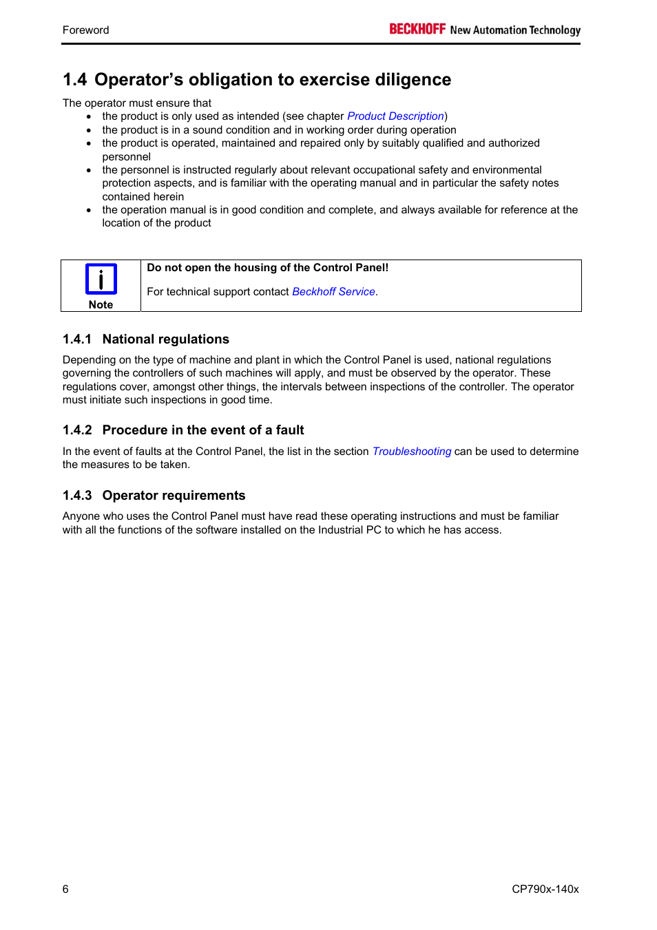 Operator’s obligation to exercise diligence, National regulations, Procedure in the event of a fault | Operator requirements, 4 operator’s obligation to exercise diligence | BECKHOFF CP790x-140x User Manual | Page 8 / 38